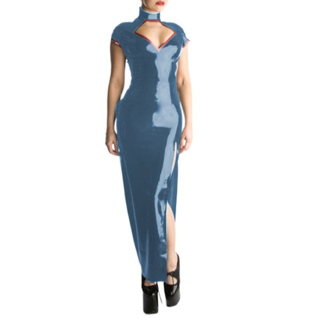 Glossy PVC Sexy Halter Short Sleeve Sheath Long Dress Hollow Chest Maxi Dress Bodycon Split Long Dress Vestidos Party Clubwear