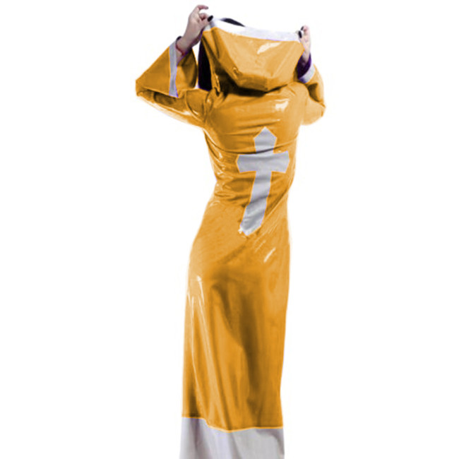 Sexy Glossy PVC Patchwork Nun Uniform Cosplay Hooded Cross Sign Lace-up Buttons Madi Dress Trench Coats Crossdresser Costume