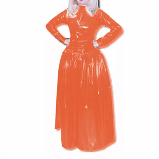 Slim Turtleneck Full Sleeve Fit and Flare Long Dress Glossy PVC Leather Faux Latex Sheath Skinny Madi Dress Party Clubwear S-7XL
