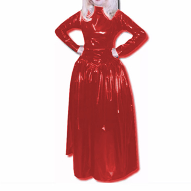 Slim Turtleneck Full Sleeve Fit and Flare Long Dress Glossy PVC Leather Faux Latex Sheath Skinny Madi Dress Party Clubwear S-7XL