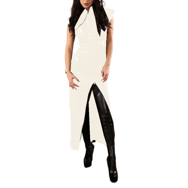 Glossy PVC Off Shoulder Bodycon Pencil Split Long Dress Skinny Faux Latex Sheath Maxi Dress Party Club Robe High Street Femme