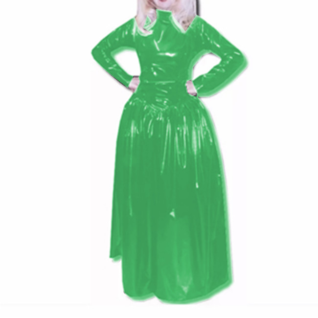 Slim Turtleneck Full Sleeve Fit and Flare Long Dress Glossy PVC Leather Faux Latex Sheath Skinny Madi Dress Party Clubwear S-7XL
