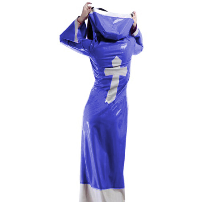 Sexy Glossy PVC Patchwork Nun Uniform Cosplay Hooded Cross Sign Lace-up Buttons Madi Dress Trench Coats Crossdresser Costume