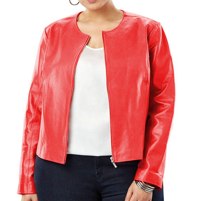 Wet Look PU Leather Women Full Sleeve Front Zipper Jackets Coats Round Neck Tops Office Lady High Street Party Clubwear S-7XL