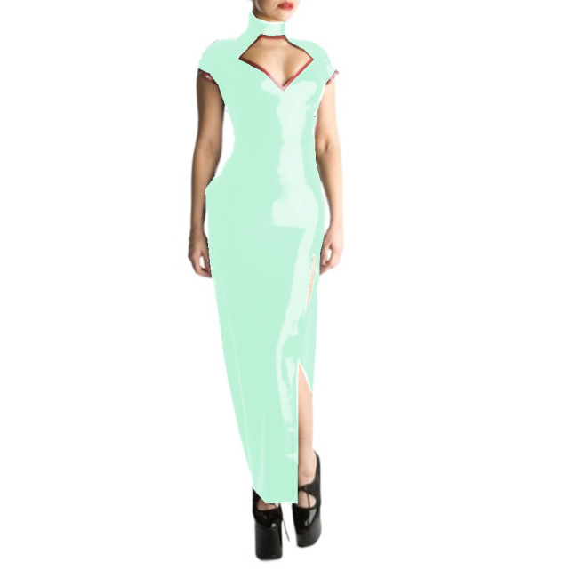 Glossy PVC Sexy Halter Short Sleeve Sheath Long Dress Hollow Chest Maxi Dress Bodycon Split Long Dress Vestidos Party Clubwear