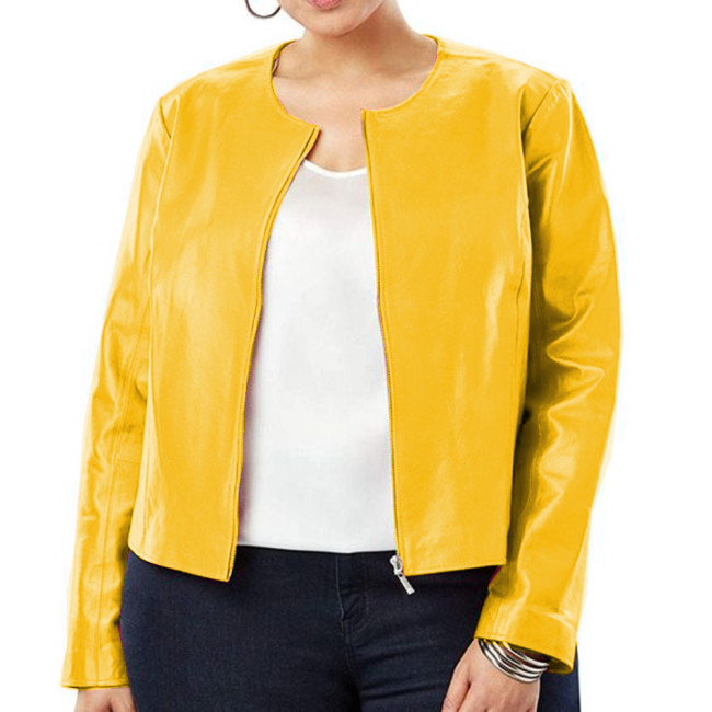 Wet Look PU Leather Women Full Sleeve Front Zipper Jackets Coats Round Neck Tops Office Lady High Street Party Clubwear S-7XL