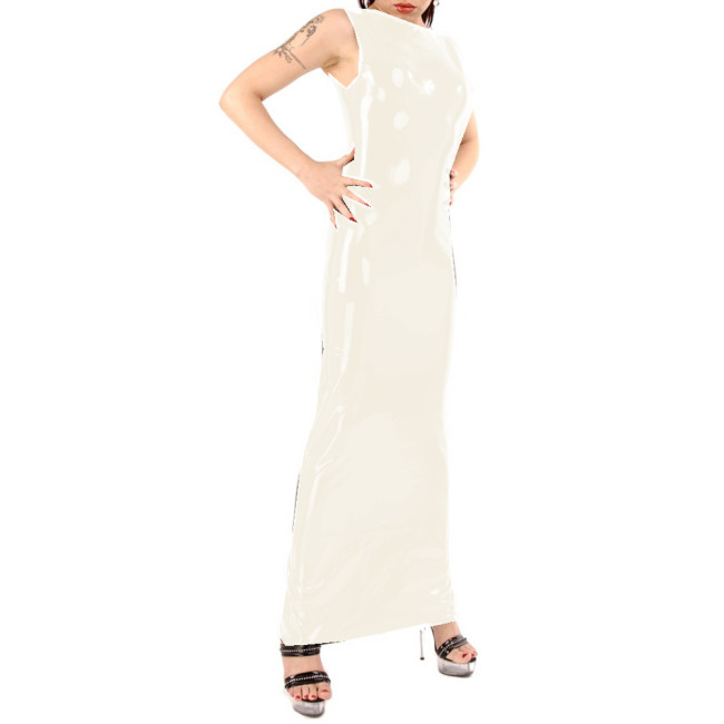Wetlook Sleeveless Bodycon PVC Pencil Sheath Long Dress Skinny Faux Leather Straight Maxi Dress Club Party Robe Femme Streetwear