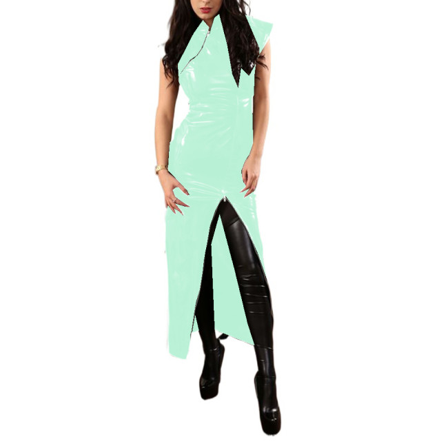 Glossy PVC Off Shoulder Bodycon Pencil Split Long Dress Skinny Faux Latex Sheath Maxi Dress Party Club Robe High Street Femme