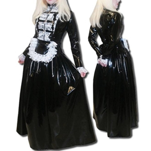 Sexy Maid Costumes Lace Tirmming Long Dress Sissy PVC Long Sleeve Lockable Stand Neck Dress Maid Uniform Dress Cosplay Fetish