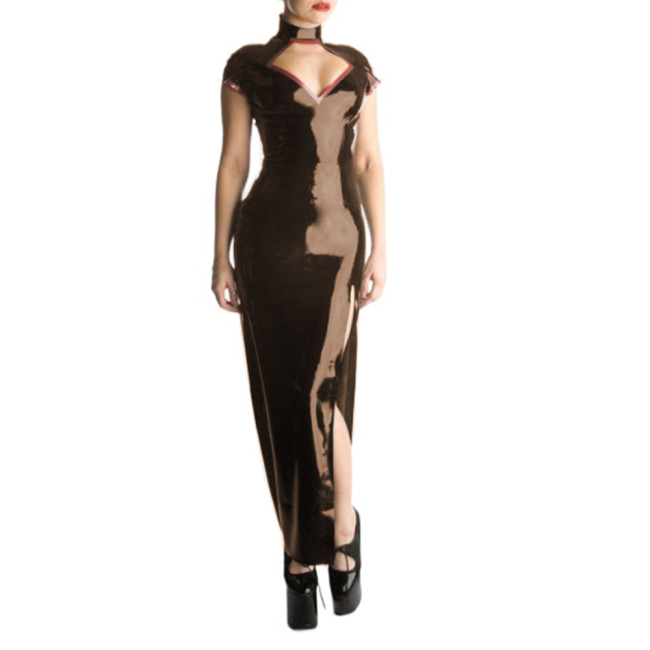 Glossy PVC Sexy Halter Short Sleeve Sheath Long Dress Hollow Chest Maxi Dress Bodycon Split Long Dress Vestidos Party Clubwear