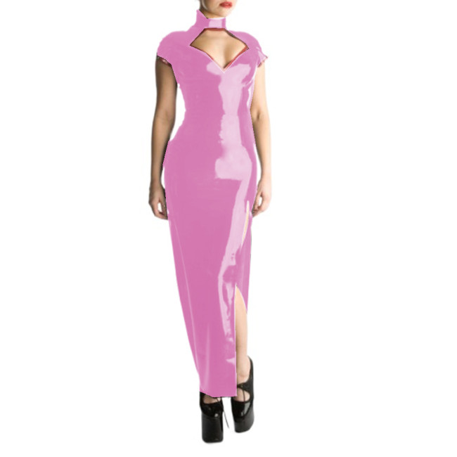 Glossy PVC Sexy Halter Short Sleeve Sheath Long Dress Hollow Chest Maxi Dress Bodycon Split Long Dress Vestidos Party Clubwear