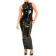 Wet Look PVC Leather Matching Sets Sleeveless Front Zipper Slim Shirt Blouse and Pencil Hobble Long Skirt Two Piece Dress Sets