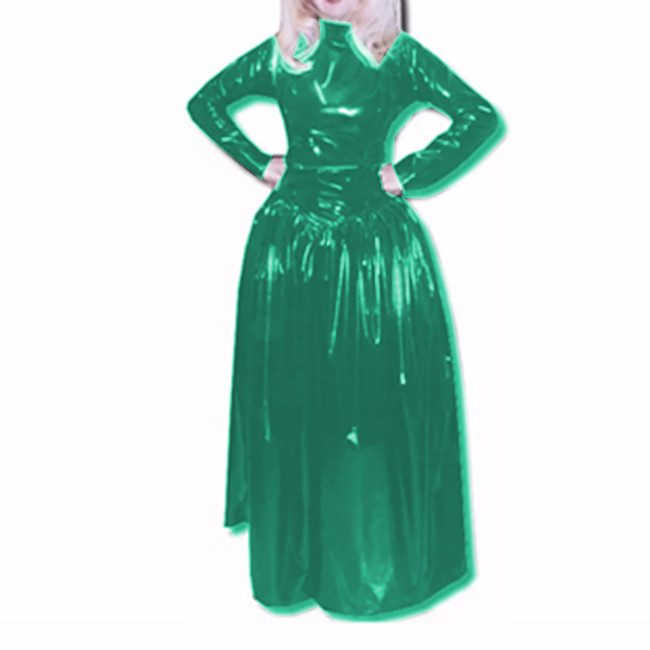 Slim Turtleneck Full Sleeve Fit and Flare Long Dress Glossy PVC Leather Faux Latex Sheath Skinny Madi Dress Party Clubwear S-7XL