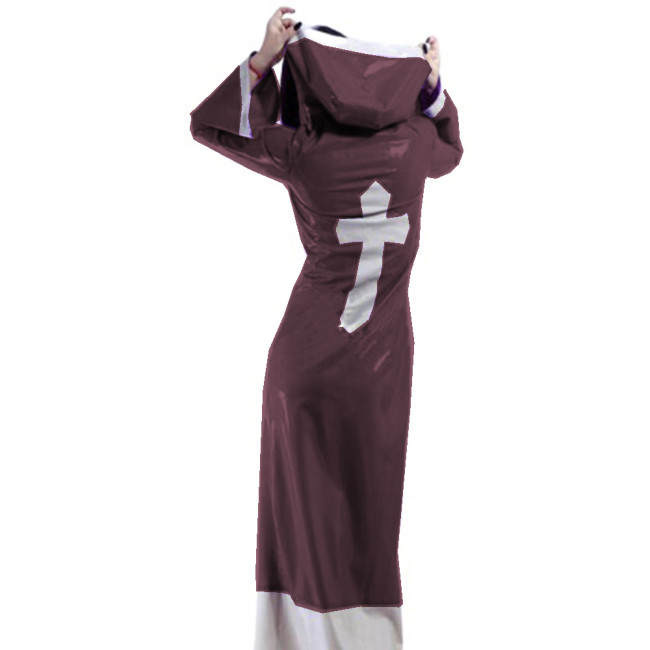 Sexy Glossy PVC Patchwork Nun Uniform Cosplay Hooded Cross Sign Lace-up Buttons Madi Dress Trench Coats Crossdresser Costume