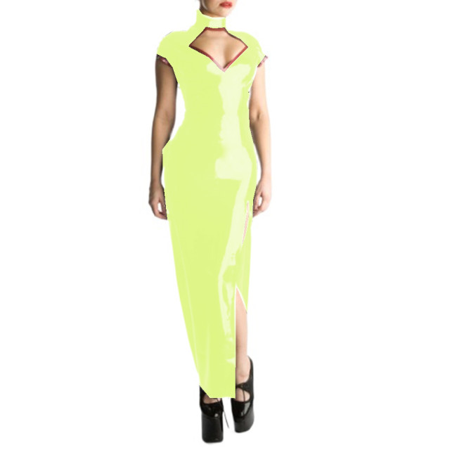 Glossy PVC Sexy Halter Short Sleeve Sheath Long Dress Hollow Chest Maxi Dress Bodycon Split Long Dress Vestidos Party Clubwear
