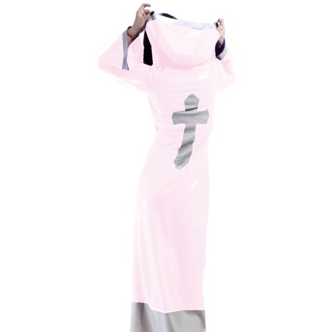 Sexy Glossy PVC Patchwork Nun Uniform Cosplay Hooded Cross Sign Lace-up Buttons Madi Dress Trench Coats Crossdresser Costume