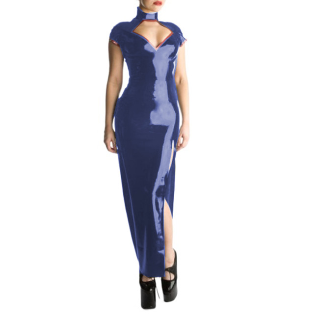 Glossy PVC Sexy Halter Short Sleeve Sheath Long Dress Hollow Chest Maxi Dress Bodycon Split Long Dress Vestidos Party Clubwear