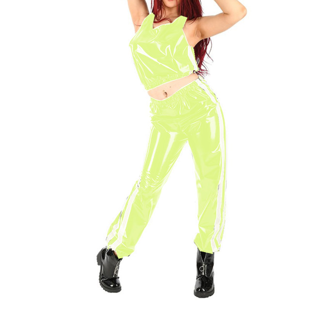 Unisex Sexy Pant Sets Glossy PVC Leather Slim Crop Top and Long Loose Pants Trousers Club Sexy Casual Sports Pants Costumes 7XL
