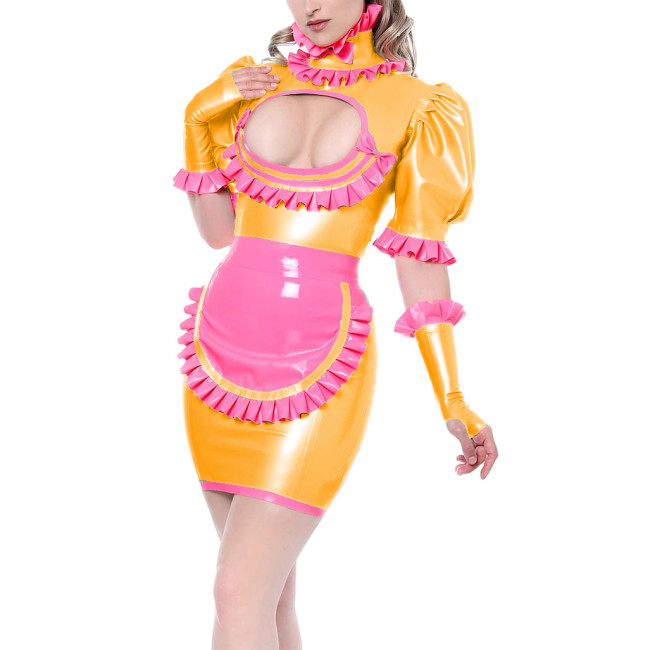 Sissy Cosplay Maid Costumes Sexy Hollow Out Bodycon Maid Mini Dress Fetish PVC High Neck Ruffles Maid Uniforms with Apron Gloves