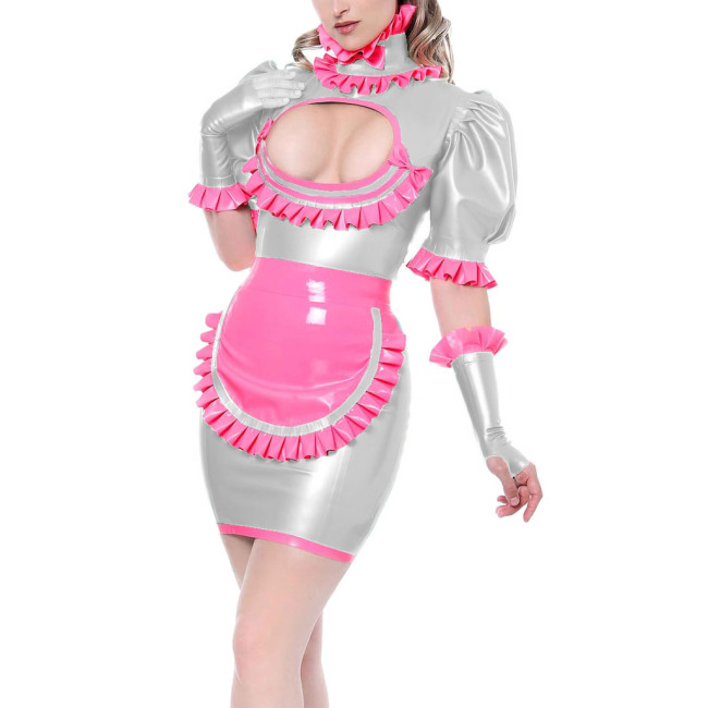 Sissy Cosplay Maid Costumes Sexy Hollow Out Bodycon Maid Mini Dress Fetish PVC High Neck Ruffles Maid Uniforms with Apron Gloves