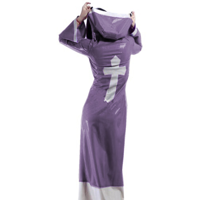 Sexy Glossy PVC Patchwork Nun Uniform Cosplay Hooded Cross Sign Lace-up Buttons Madi Dress Trench Coats Crossdresser Costume