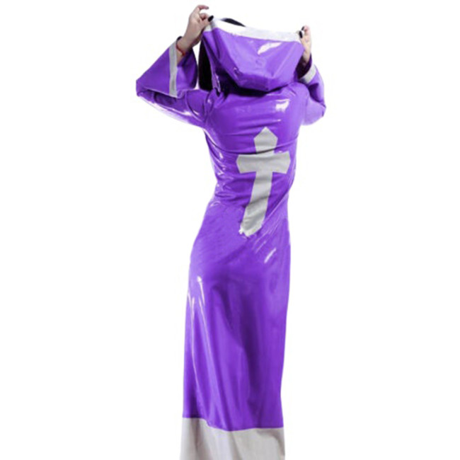 Sexy Glossy PVC Patchwork Nun Uniform Cosplay Hooded Cross Sign Lace-up Buttons Madi Dress Trench Coats Crossdresser Costume