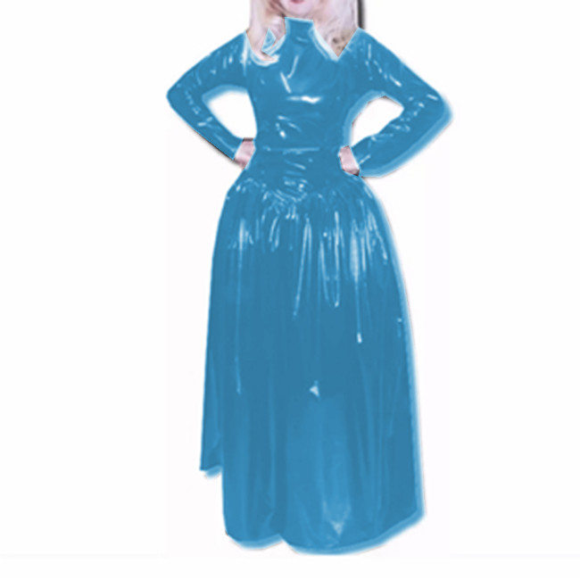 Slim Turtleneck Full Sleeve Fit and Flare Long Dress Glossy PVC Leather Faux Latex Sheath Skinny Madi Dress Party Clubwear S-7XL