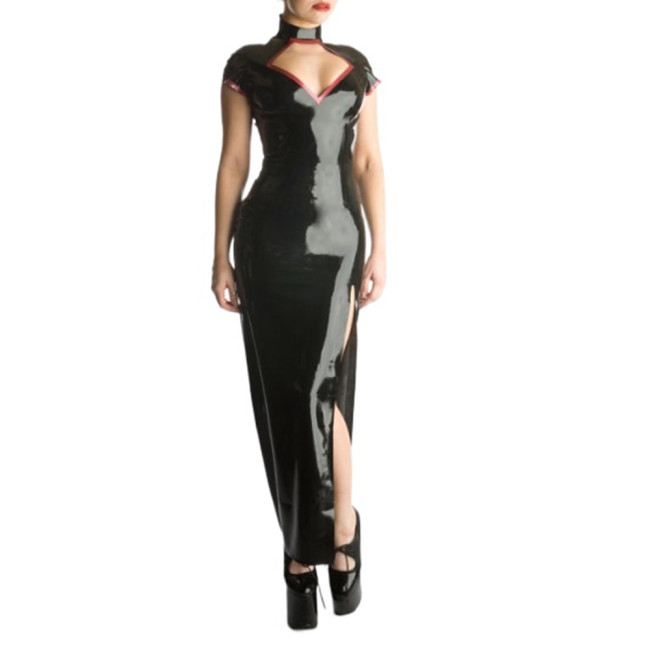 Glossy PVC Sexy Halter Short Sleeve Sheath Long Dress Hollow Chest Maxi Dress Bodycon Split Long Dress Vestidos Party Clubwear