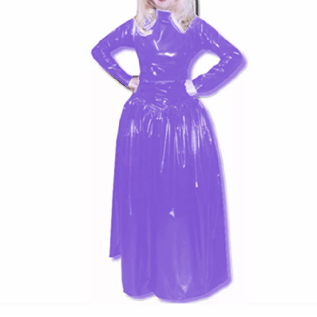 Slim Turtleneck Full Sleeve Fit and Flare Long Dress Glossy PVC Leather Faux Latex Sheath Skinny Madi Dress Party Clubwear S-7XL