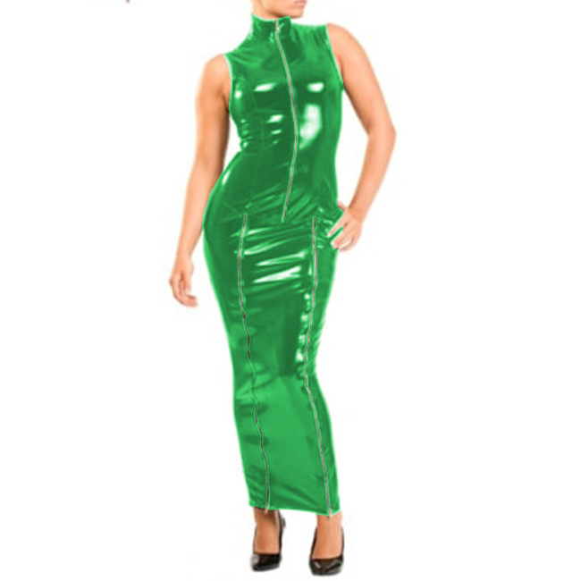 Wet Look PVC Leather Matching Sets Sleeveless Front Zipper Slim Shirt Blouse and Pencil Hobble Long Skirt Two Piece Dress Sets