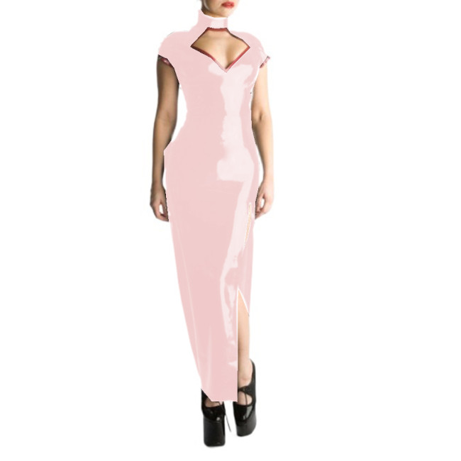 Glossy PVC Sexy Halter Short Sleeve Sheath Long Dress Hollow Chest Maxi Dress Bodycon Split Long Dress Vestidos Party Clubwear