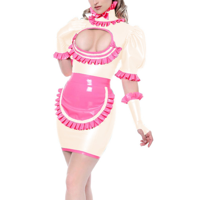 Sissy Cosplay Maid Costumes Sexy Hollow Out Bodycon Maid Mini Dress Fetish PVC High Neck Ruffles Maid Uniforms with Apron Gloves