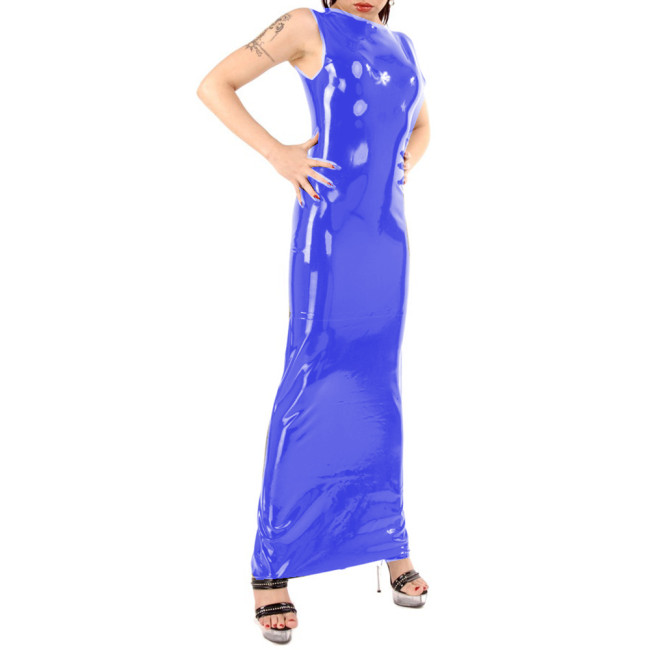Wetlook Sleeveless Bodycon PVC Pencil Sheath Long Dress Skinny Faux Leather Straight Maxi Dress Club Party Robe Femme Streetwear