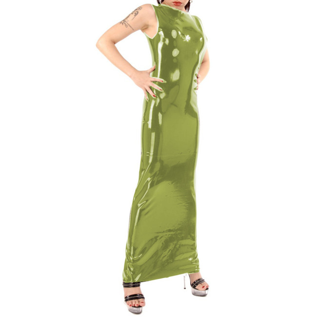 Wetlook Sleeveless Bodycon PVC Pencil Sheath Long Dress Skinny Faux Leather Straight Maxi Dress Club Party Robe Femme Streetwear