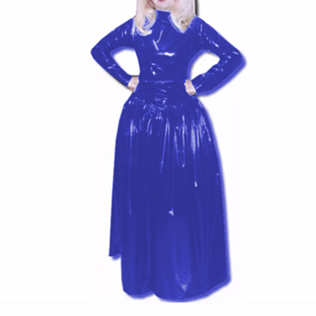 Slim Turtleneck Full Sleeve Fit and Flare Long Dress Glossy PVC Leather Faux Latex Sheath Skinny Madi Dress Party Clubwear S-7XL