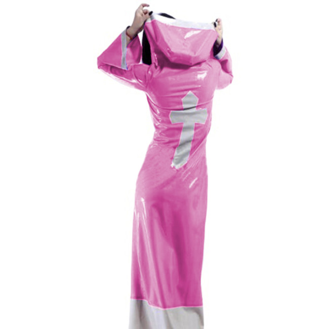 Sexy Glossy PVC Patchwork Nun Uniform Cosplay Hooded Cross Sign Lace-up Buttons Madi Dress Trench Coats Crossdresser Costume