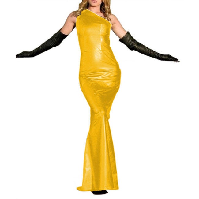 Sexy Wet look Matte PU Leather Sheath Long Dress Diagonal Collar Sleeveless Bodycon Maxi Dress With Gloves Party Club Wear S-7XL