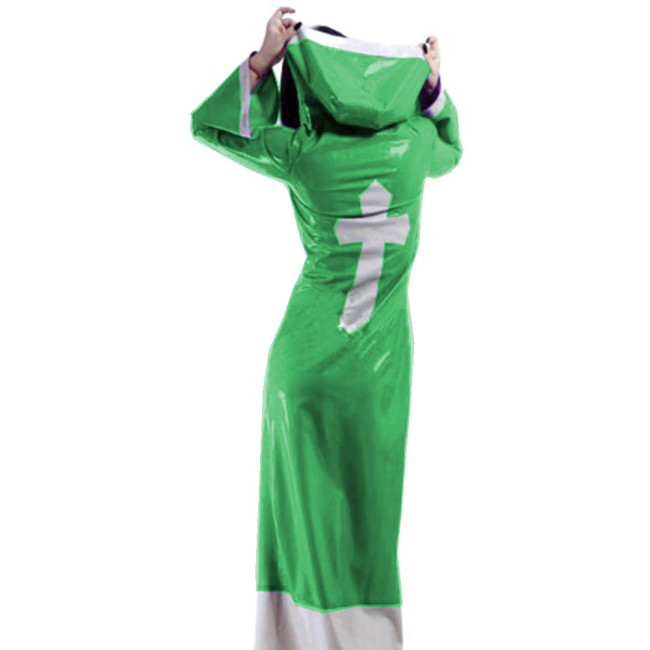 Sexy Glossy PVC Patchwork Nun Uniform Cosplay Hooded Cross Sign Lace-up Buttons Madi Dress Trench Coats Crossdresser Costume