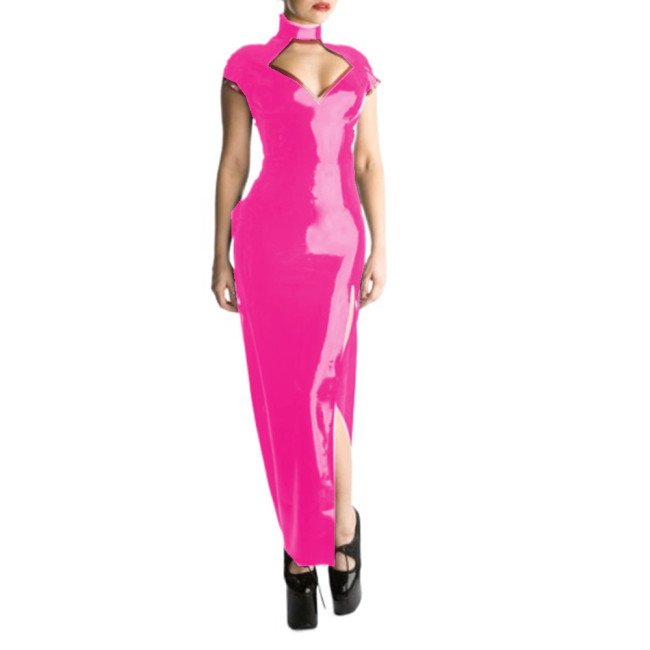 Glossy PVC Sexy Halter Short Sleeve Sheath Long Dress Hollow Chest Maxi Dress Bodycon Split Long Dress Vestidos Party Clubwear
