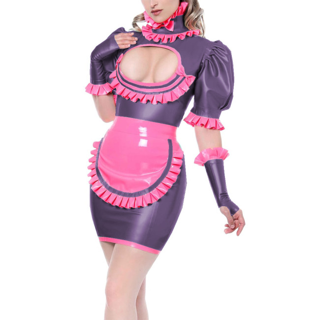 Sissy Cosplay Maid Costumes Sexy Hollow Out Bodycon Maid Mini Dress Fetish PVC High Neck Ruffles Maid Uniforms with Apron Gloves
