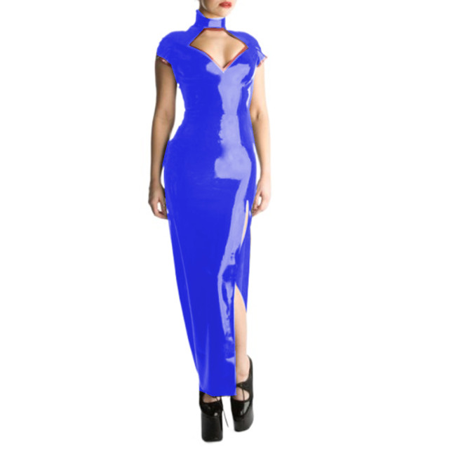 Glossy PVC Sexy Halter Short Sleeve Sheath Long Dress Hollow Chest Maxi Dress Bodycon Split Long Dress Vestidos Party Clubwear