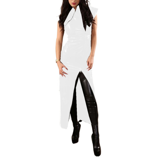 Glossy PVC Off Shoulder Bodycon Pencil Split Long Dress Skinny Faux Latex Sheath Maxi Dress Party Club Robe High Street Femme
