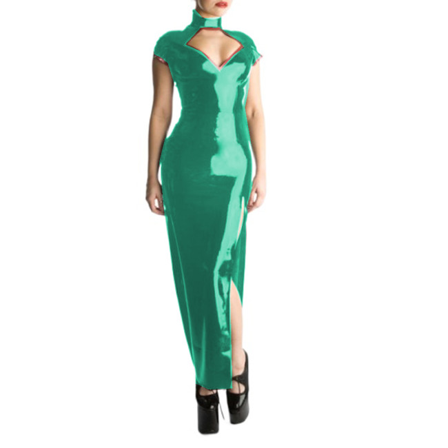 Glossy PVC Sexy Halter Short Sleeve Sheath Long Dress Hollow Chest Maxi Dress Bodycon Split Long Dress Vestidos Party Clubwear