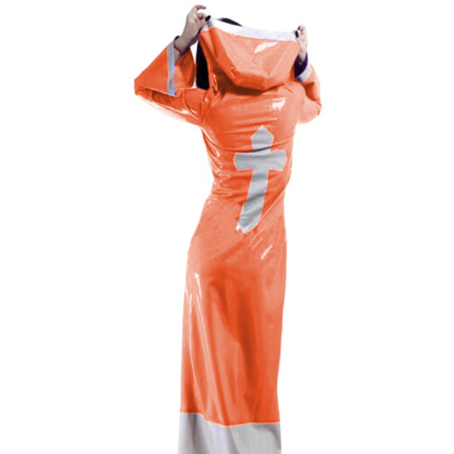 Sexy Glossy PVC Patchwork Nun Uniform Cosplay Hooded Cross Sign Lace-up Buttons Madi Dress Trench Coats Crossdresser Costume