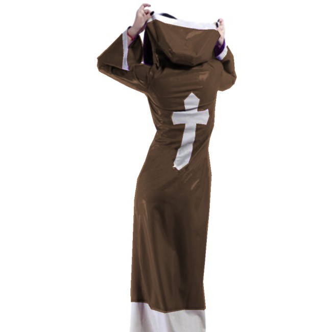 Sexy Glossy PVC Patchwork Nun Uniform Cosplay Hooded Cross Sign Lace-up Buttons Madi Dress Trench Coats Crossdresser Costume