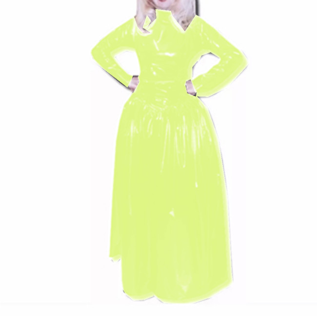 Slim Turtleneck Full Sleeve Fit and Flare Long Dress Glossy PVC Leather Faux Latex Sheath Skinny Madi Dress Party Clubwear S-7XL