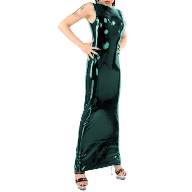 Wetlook Sleeveless Bodycon PVC Pencil Sheath Long Dress Skinny Faux Leather Straight Maxi Dress Club Party Robe Femme Streetwear