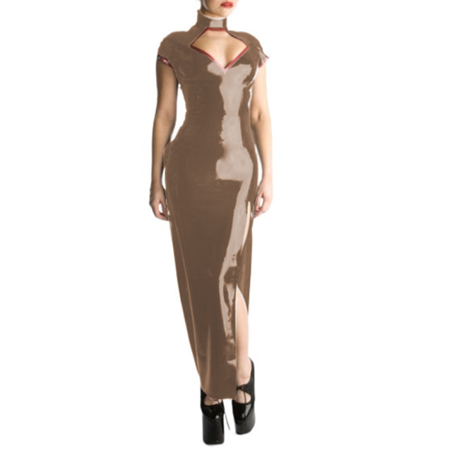 Glossy PVC Sexy Halter Short Sleeve Sheath Long Dress Hollow Chest Maxi Dress Bodycon Split Long Dress Vestidos Party Clubwear