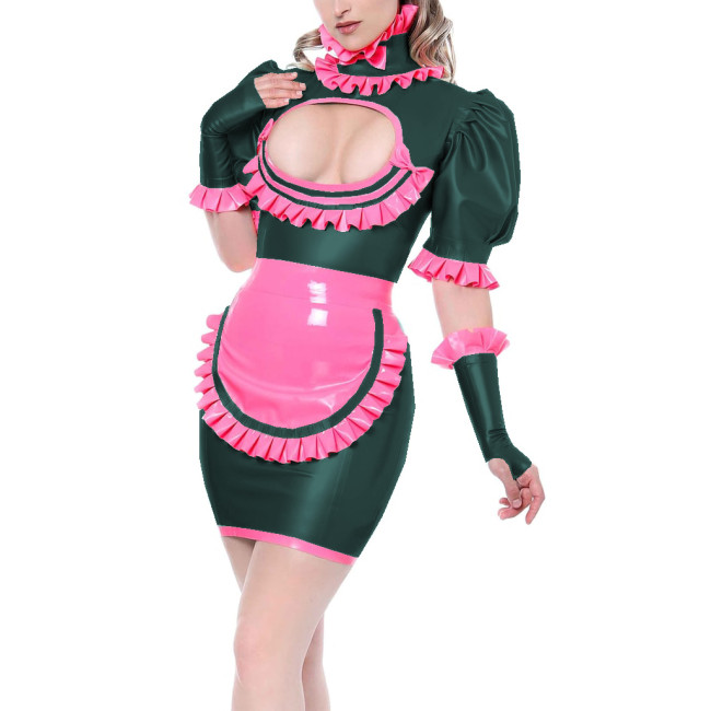 Sissy Cosplay Maid Costumes Sexy Hollow Out Bodycon Maid Mini Dress Fetish PVC High Neck Ruffles Maid Uniforms with Apron Gloves