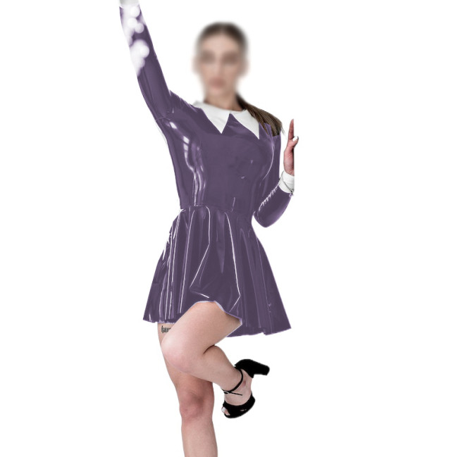Wet Look PVC Leather Women Turn-down Collar Mini Dress Faux Latex Slim Long Sleeve Sexy Bodycon A-line Dress Party Clubwear 7XL